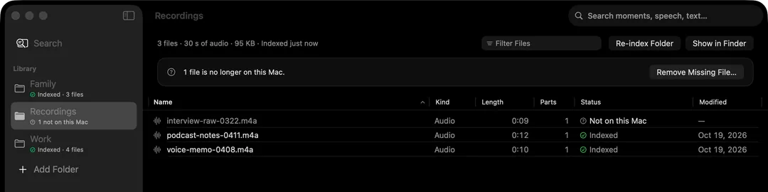 The HyperArc Recordings folder: interview-raw-0322.m4a, podcast-notes-0411.m4a and voice-memo-0408.m4a with their lengths and indexing status.