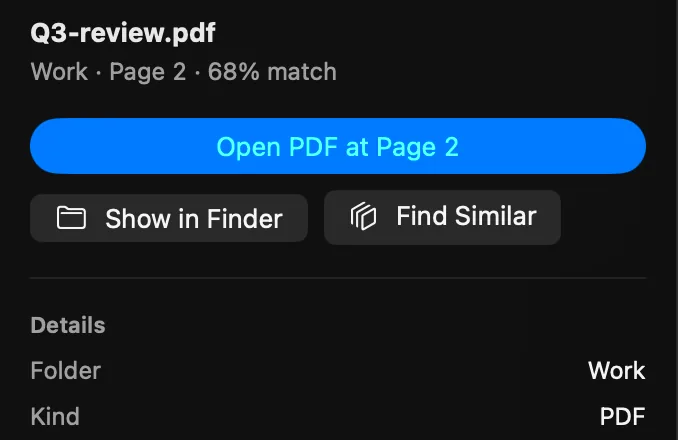 The HyperArc inspector for a PDF result, with Open PDF at Page 2, Show in Finder and Find Similar.