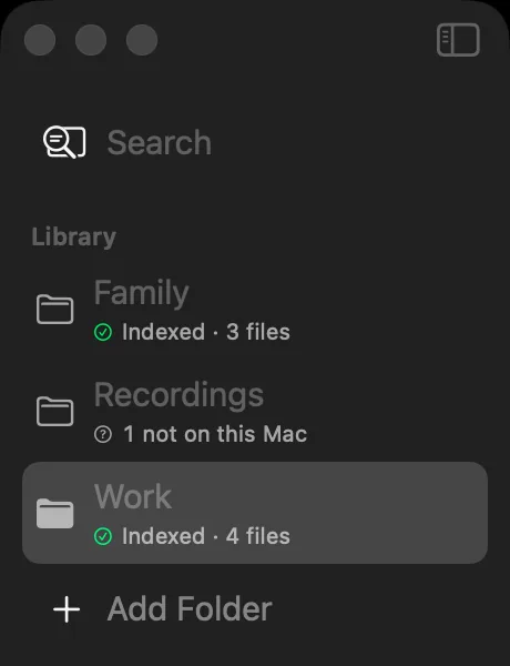 The HyperArc Library sidebar with Family, Recordings and Work folders, each showing whether it's indexed and how many files it holds.
