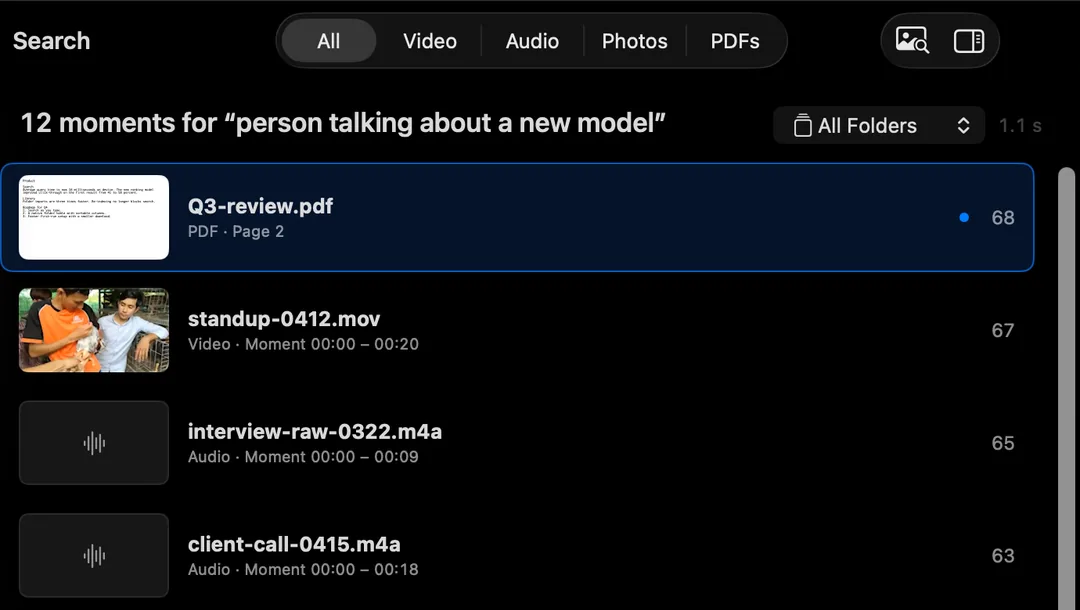 HyperArc results for “person talking about a new model”: a PDF page, video moments with time ranges, and audio moments.