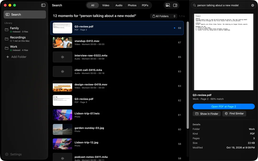 The HyperArc search window with results across PDFs, videos, recordings and photos, and the preview inspector showing Show in Finder and Find Similar.