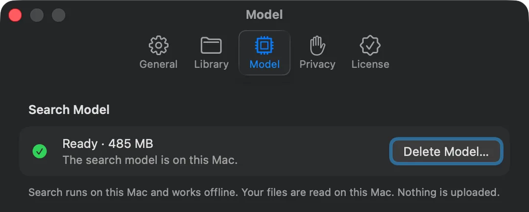 HyperArc Settings, Model tab: the search model is Ready, 485 MB, on this Mac. Search runs on this Mac and works offline; nothing is uploaded.